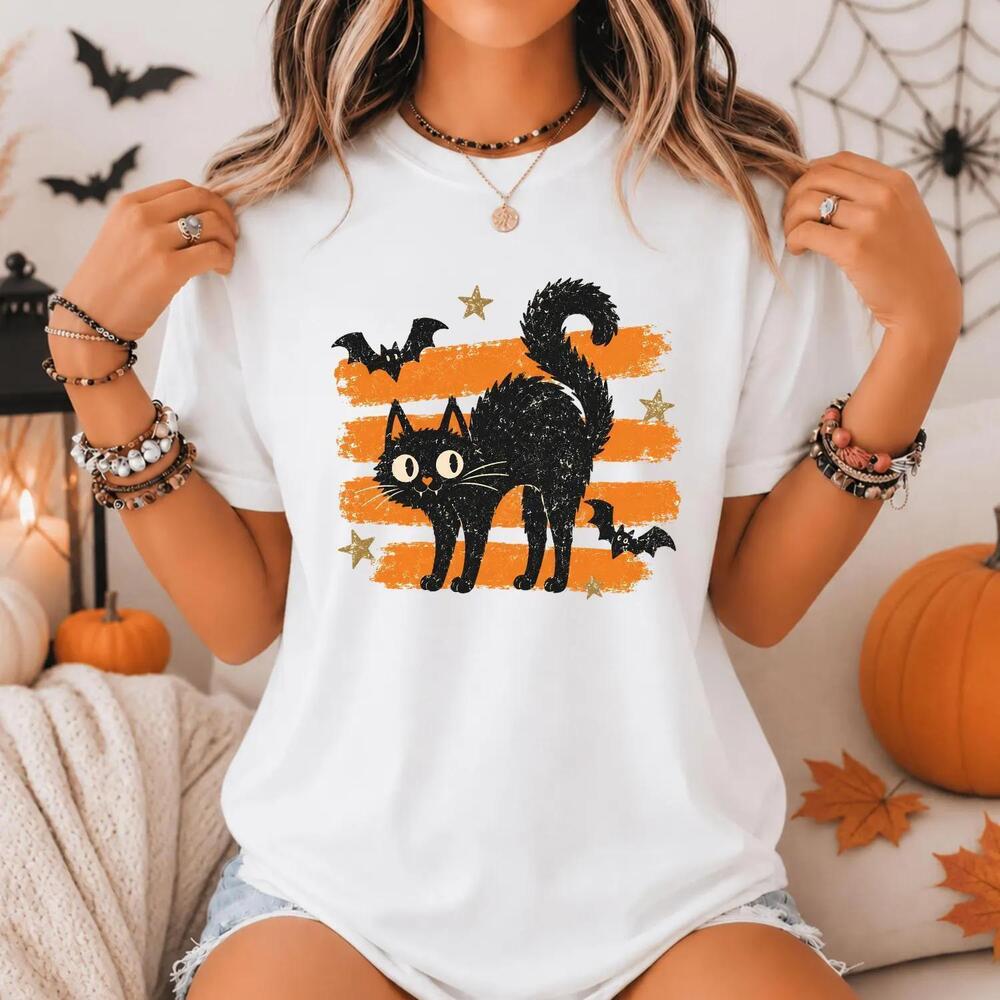 Retro Black Cat Halloween T-Shirt, Spooky Bat Graphic Tee, Autumn Vibes Shirt